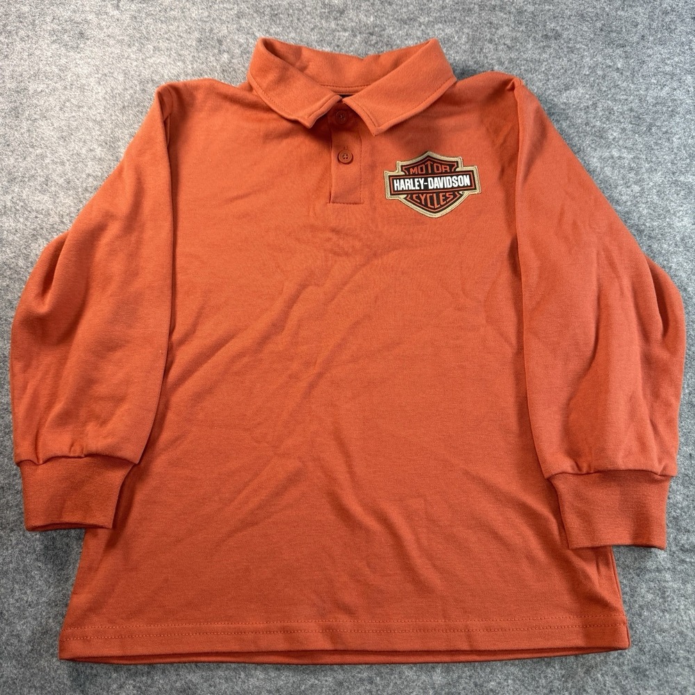 Harley‎ Davidson Bar & Shield Long Sleeve Knit Rugby Shirt Boys 6/7 Orange Logo
